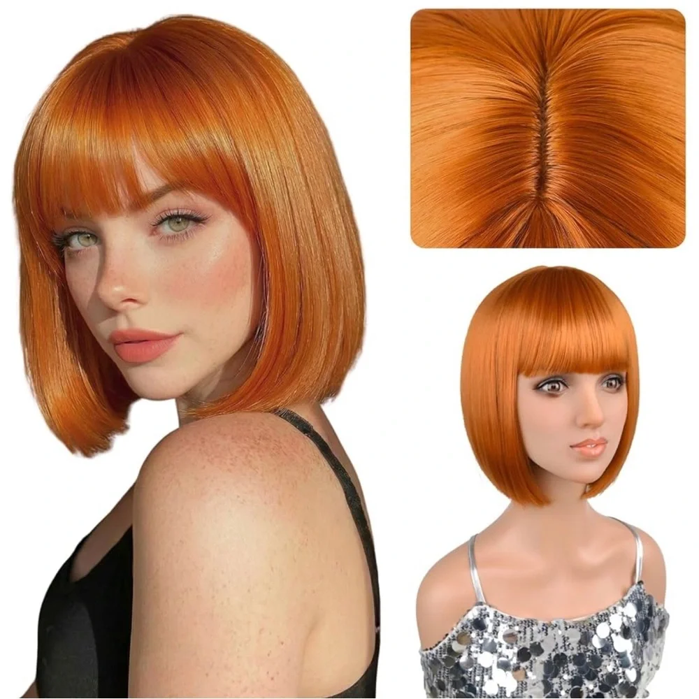 12” Ginger Orange Bob Synthetic Hair Wig with Bangs
